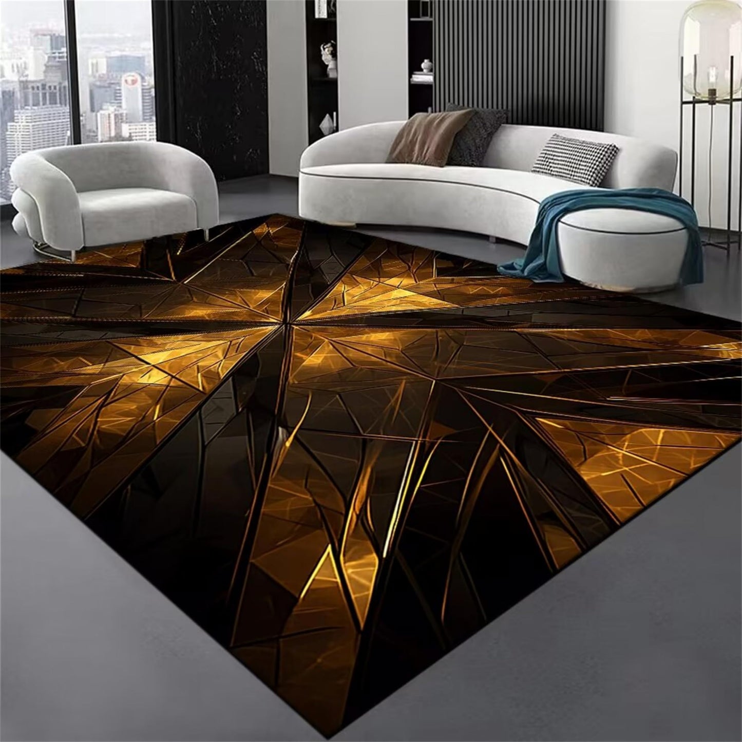 Modern Abstract Rug, Soft Non-Shedding Washable Rug, Gilt Dimensional Folded V Pattern with Non-Slip Backing, Low Pile Floor Mat Indoor Rug, Gold Rugs Gray Rugs 2x3ft