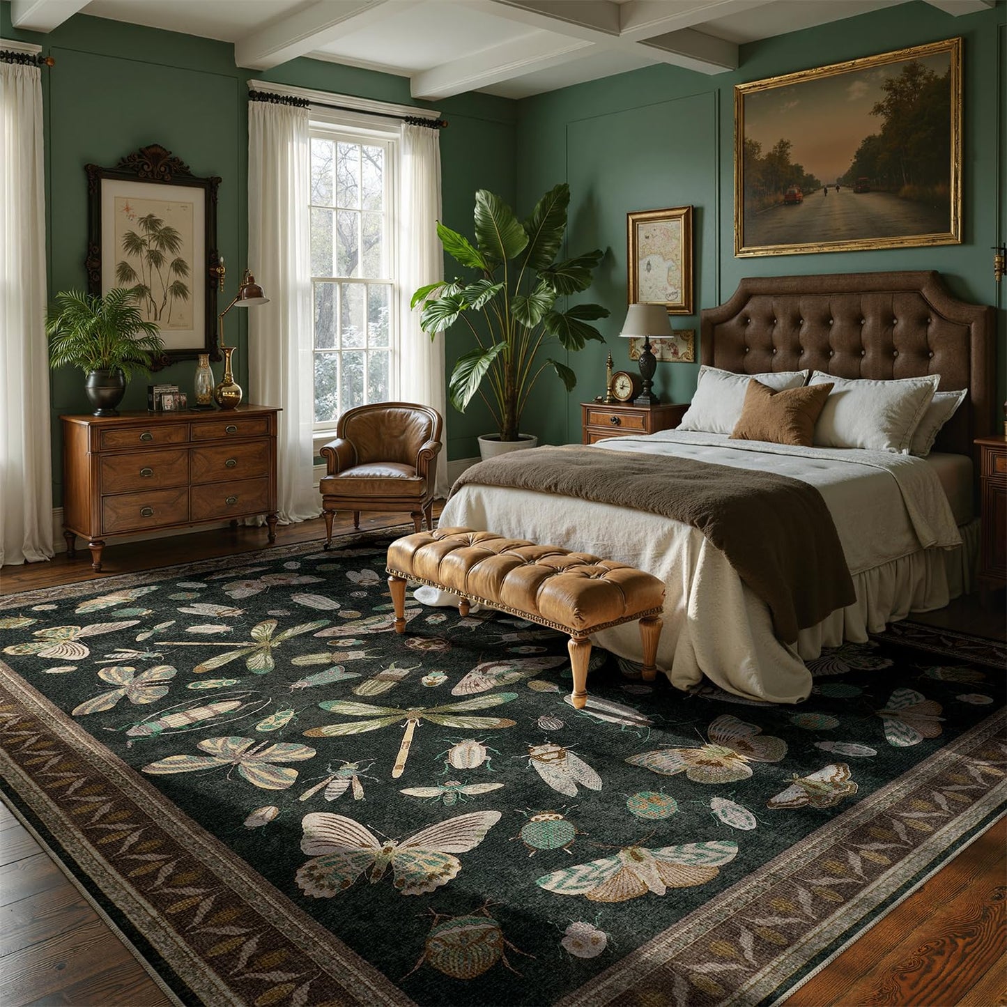 DCX Black 5x7 Washable Bug Rug, Botanical Insect Rug with Non-Slip Rubber Backing, Soft Low-Pile, Stain-Resistant, Kid & Pet Friendly, for Living Room, Bedroom, Office, and Nature-Themed Decor