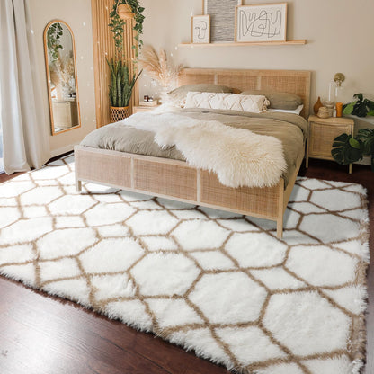 ONASAR Rugs for Living Room Bedroom, 5x8 Fluffy White and Beige Area Rug, Geometric Boho Soft Plush Shaggy Floor Carpet Mat for Nursery Kids Girls Boys Teen Dorm Home Decor Aesthetic