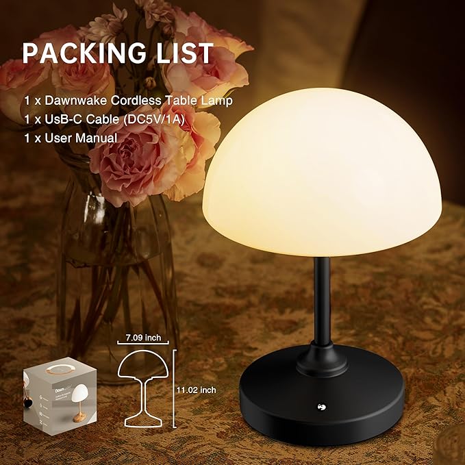 Mushroom Lamp Cordless Lamp Table Lamp,Outdoor Waterproof Shower Lamps,5000mAh Rechargeble Battery Operated Dimmable Touch Desk Lamps,LED Night Light for Bathroom Patio Camping Outdoor(Black)