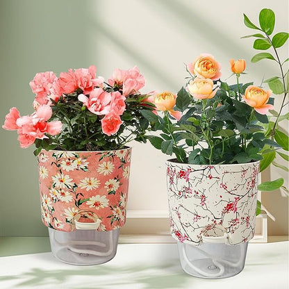 2 pcs Self Watering Plant Pots - 4.8 in Plastic Planter with Drainage Holes, Indoor Outdoor Flower Pots for African Violet, Succulents, Herbs, Cactus, Basil, Flower Printed