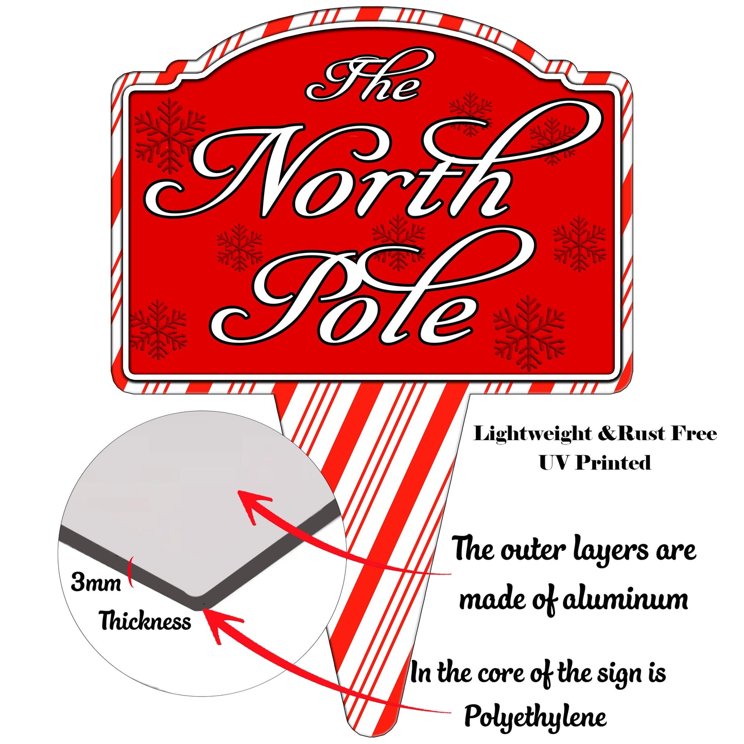 North Pole Santa Home Candy Cane Christmas Holiday Yard Sign For Lawn Grass Home or Business Front Door Durable Metal Built In Stake St. Nicholas Claus Xmas