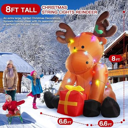 8 FT Christmas Inflatable Outdoor Decorations, Giant String Lights Reindeer Blow up Yard Decor with Red Gift Box, 26 LED Lights Xmas Holiday Decorations for Outside Lawn Garden Indoor