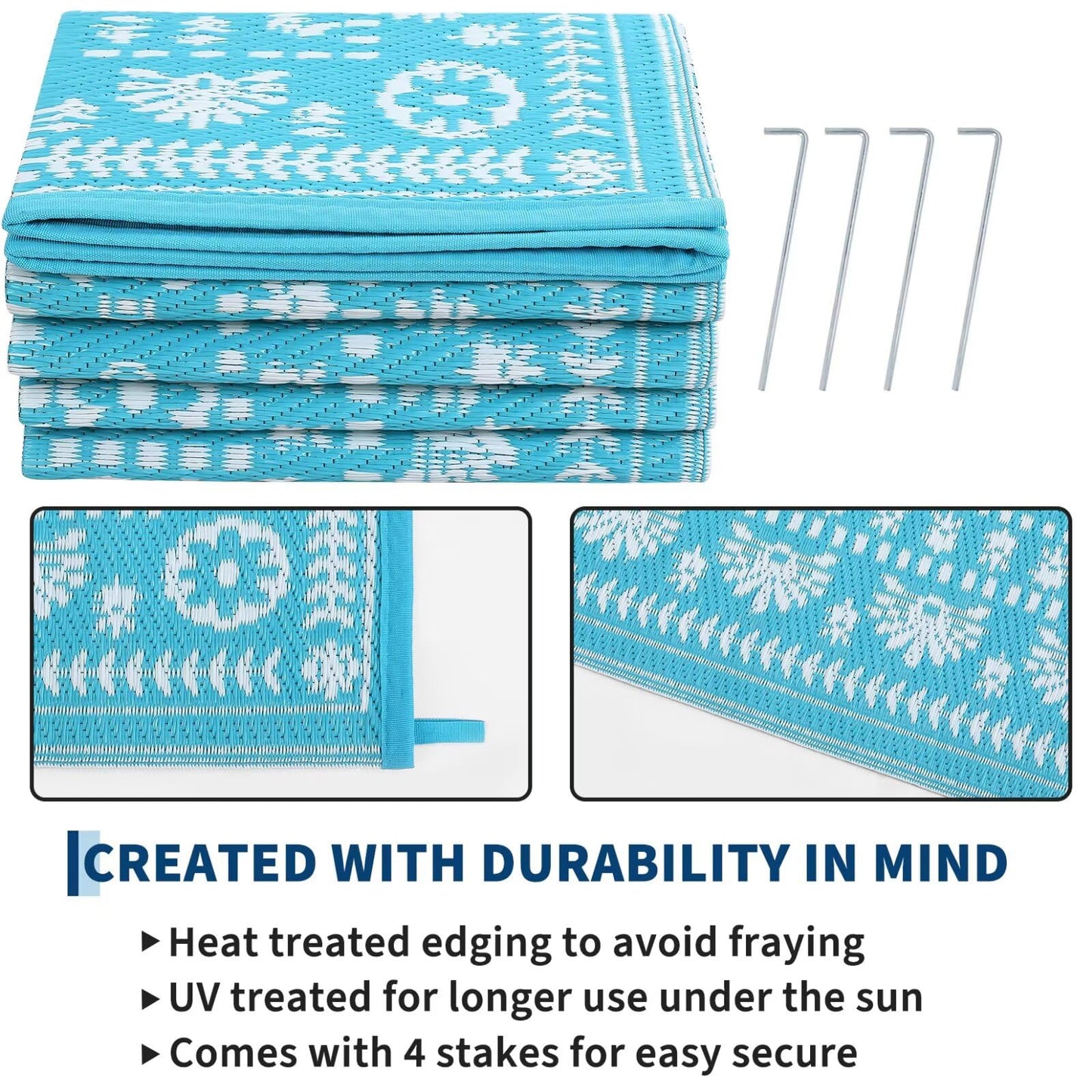 Garvee Reversible Outdoor Rug 5x8 for Patio, Waterproof Outdoor Area Rug, Boho Medallion Indoor Outdoor Carpet for Porch, Plastic Straw Rug for RV, Camping, Deck, Blue and White