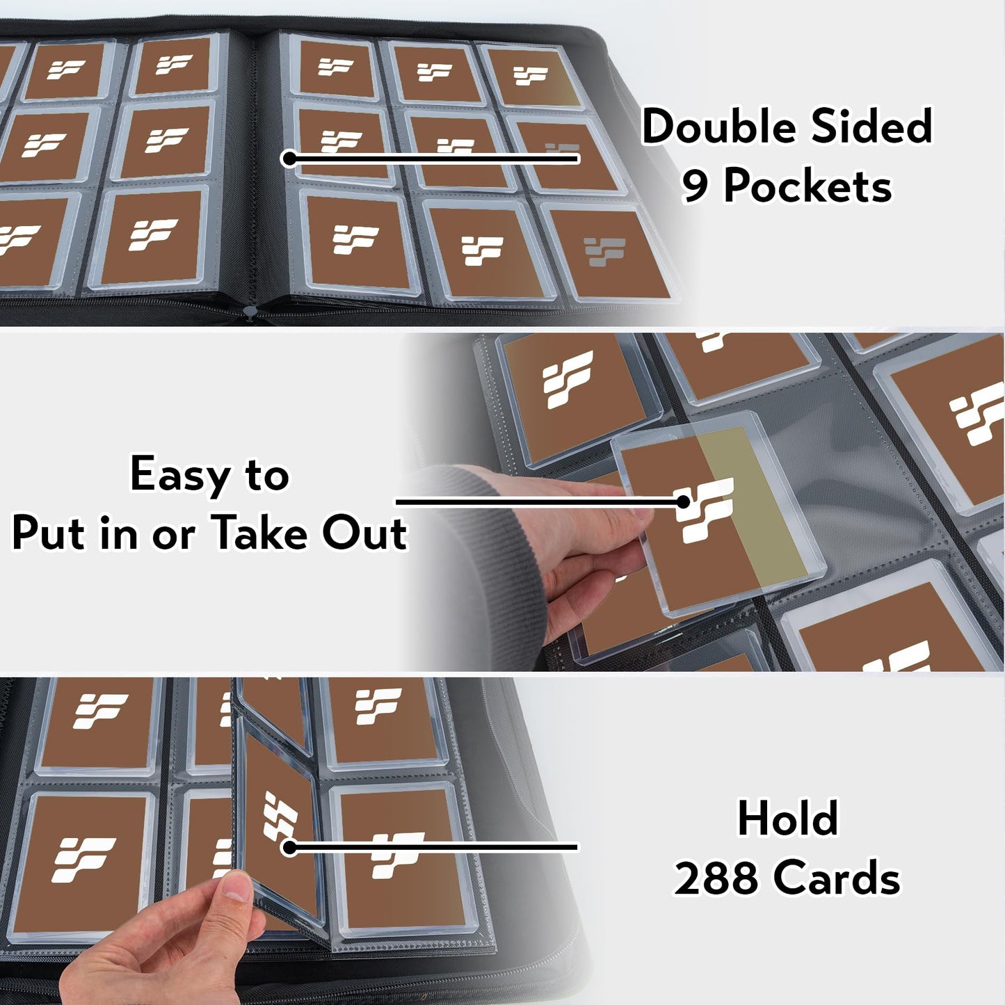 Top Loader Binder for Cards (Clear Window), Holds 288 Cards in 3"x4" Toploaders, Trading Card Binder 9 Pocket for TCG, MTG, YGO, Game Cards, Sports Cards(Coffee)