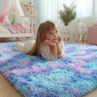 PAGISOFE Cute Furry Pastel Rug for Girls Bedroom, Soft Adorable Rainbow Purple Tent Rugs for Livingroom, Kid Room,Playroom Nursery Home Decor,Plush Mermaid Kawaii Rug Fluffy Carpet 4x6 Area Rug Sturdy