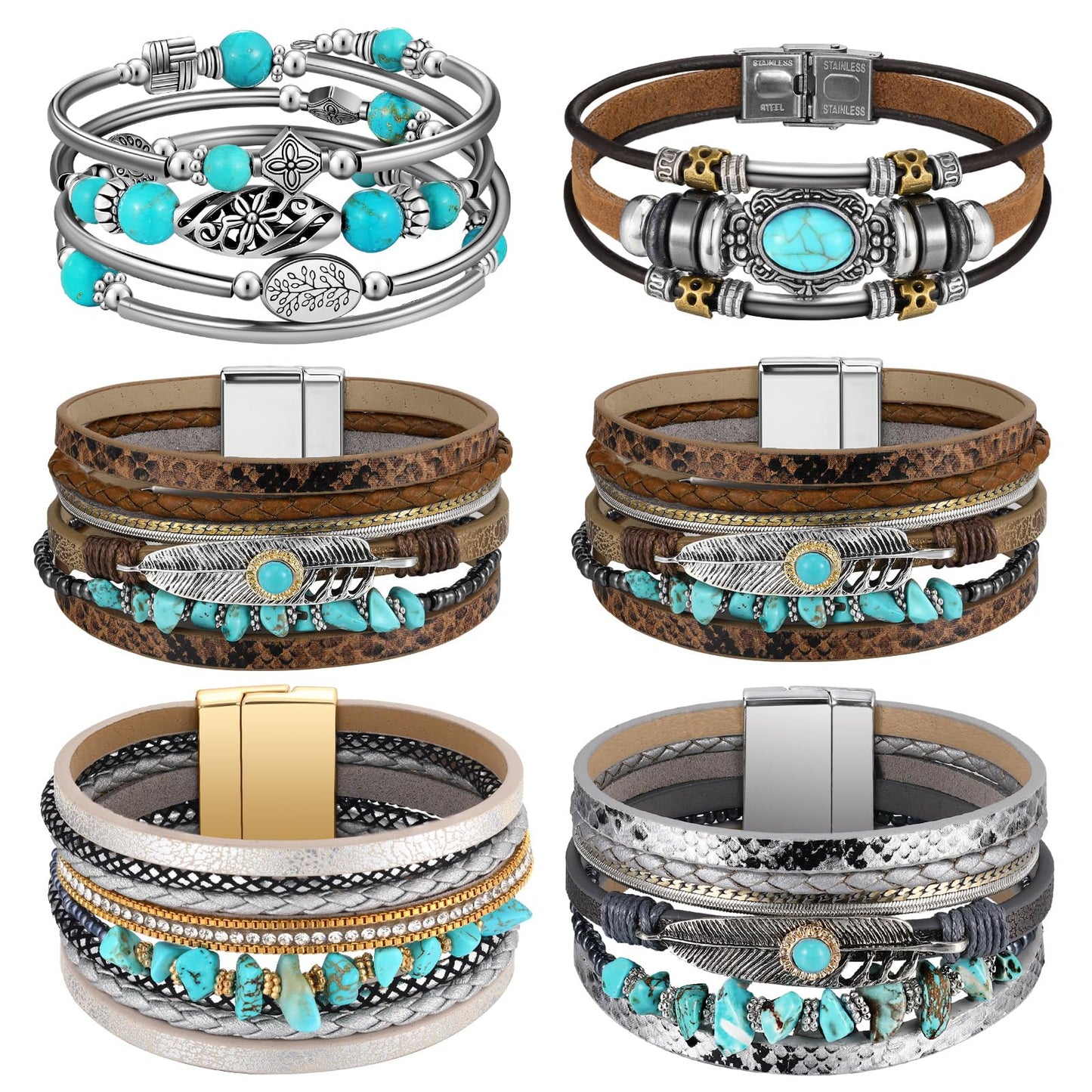 Sasylvia 6 Pcs Turquoise Bracelet for Women Leather Bracelet Western Jewelry for Women Multilayer Boho Cuff Bangle Set(Classic)