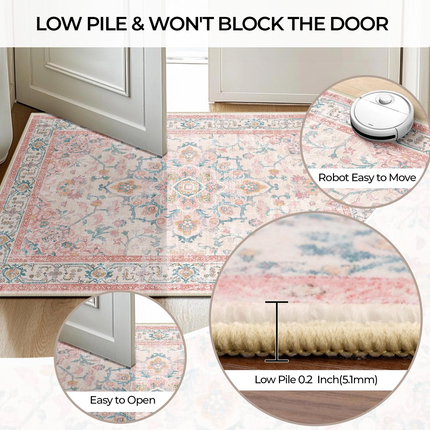 CAPALOCA Machine Washable Rugs Nursery Rug 5x7 Cute Girl Non Slip Low Pile Water Repellent Soft Print Pattern for Bedroom Indoor Decor Kids Playroom Pink Teal