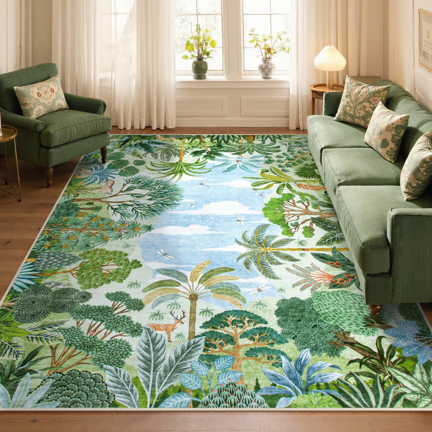 Lahome Jovence Summer Jungle Rug, Washable Rugs 5x7 for Bedroom, Green Forest Soft Carpet for Living Room, Summer Season Non Slip Non Shedding Dining Room Carpet for Under Table Classroom Entryway