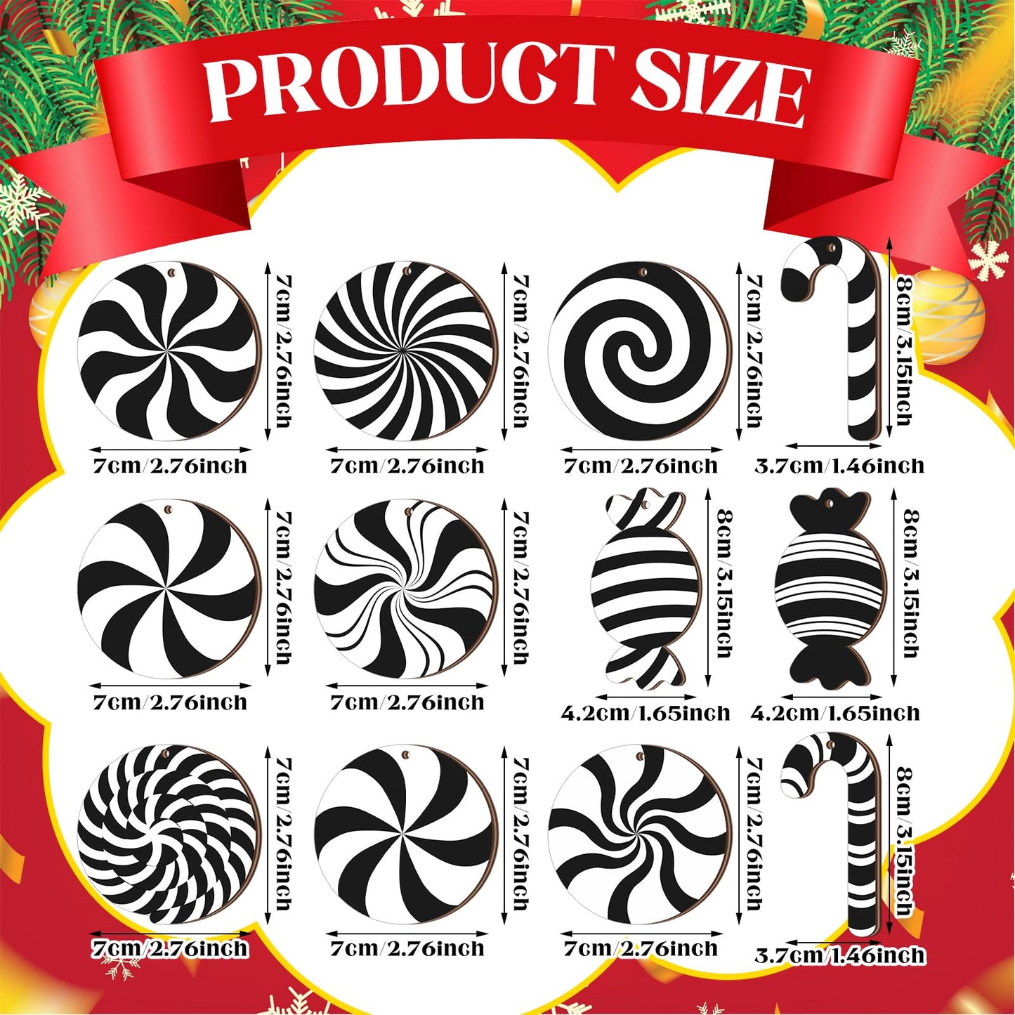Qunclay 36 Pcs Christmas Candy Hanging Ornaments Wooden Christmas Tree Decorations Black and White Xmas Peppermint Lollipop Ornament Set for Holiday Birthday Party Decoration Supplies Crafts Gifts