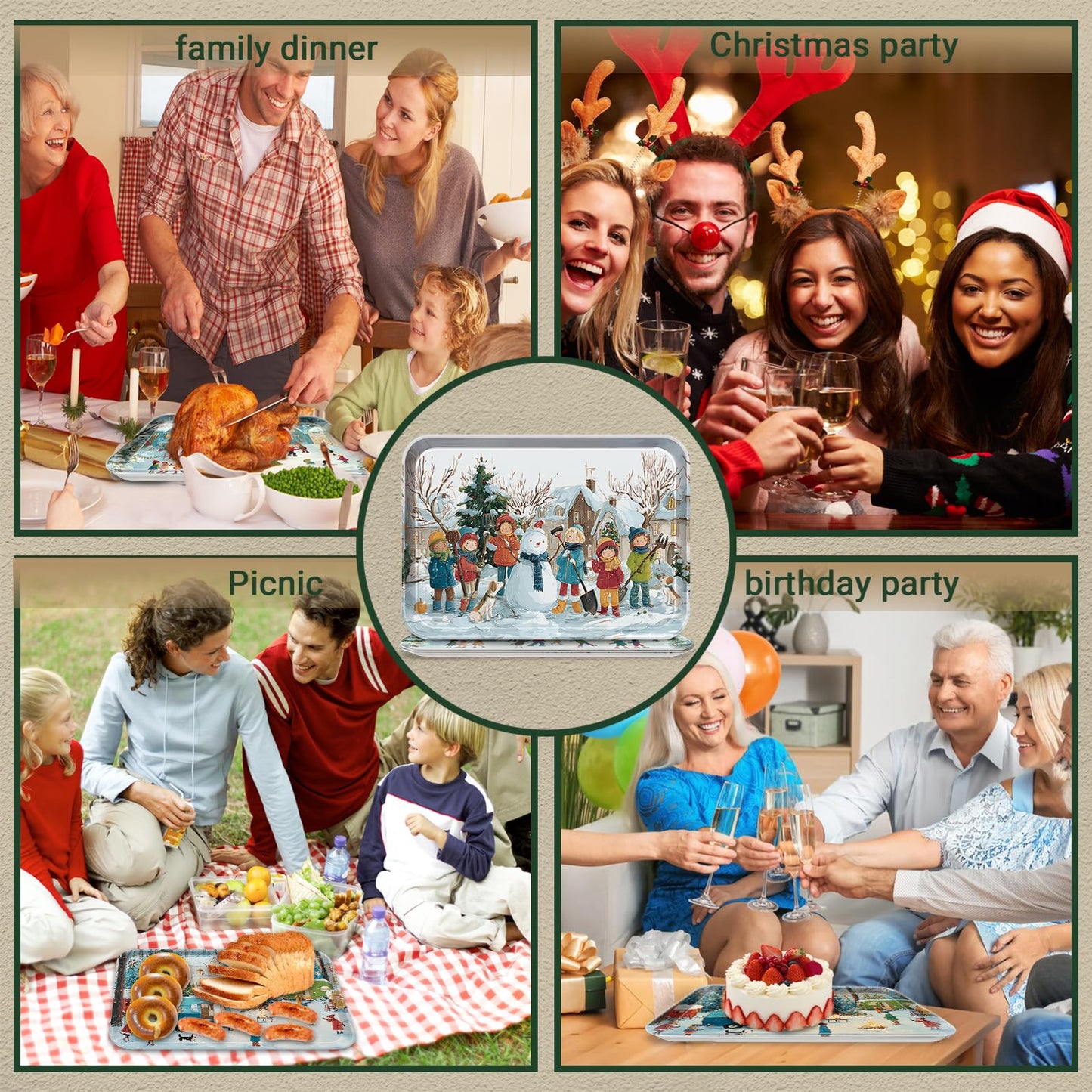 Jrusmr 4 Pack Christmas Serving Trays, 15 x 11 Inch Melamine Holiday Platters with Winter Village, Ice Skating, and Camping Designs, Reusable Festive Trays for Snacks, Cookies, and Entertaining