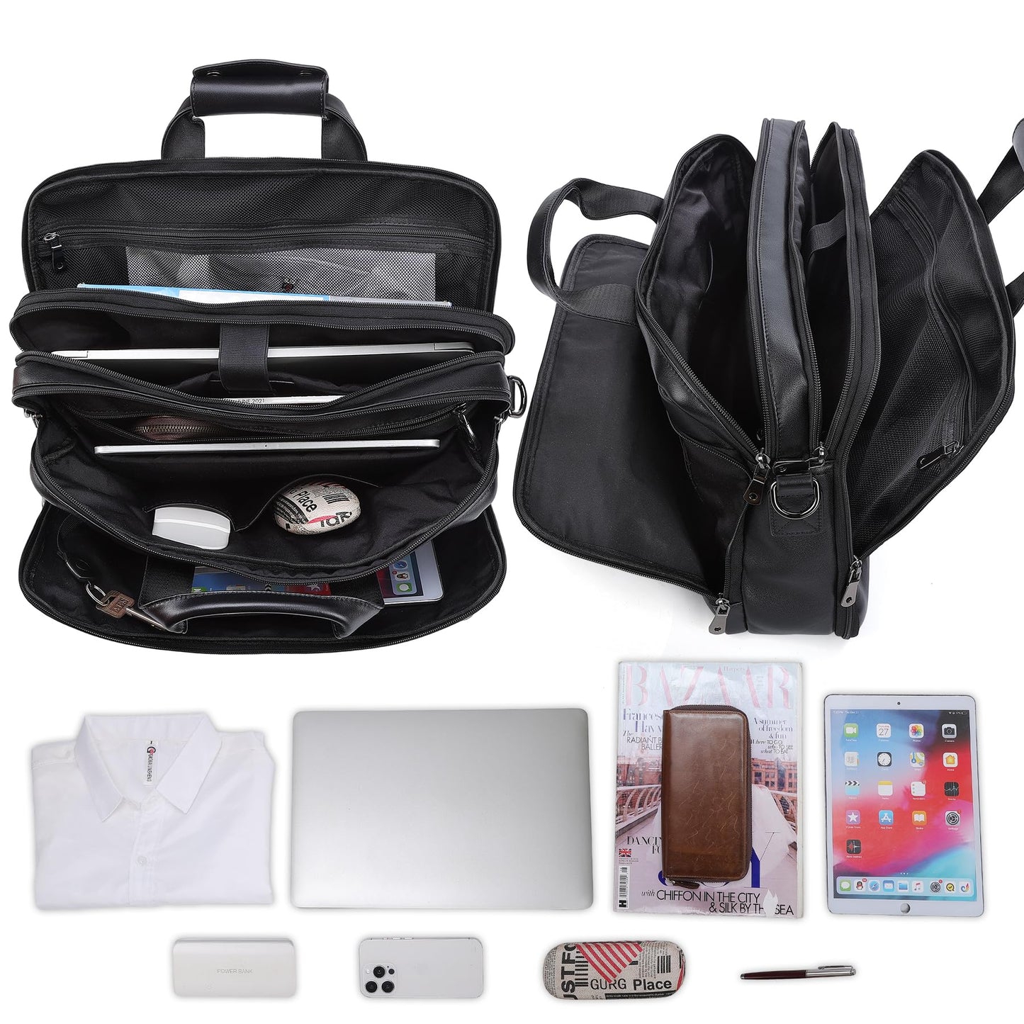 Masa Kawa Black Leather Briefcase for Men, Waterproof 16 Inch Laptop Computer Case, Crossbody Shoulder Messenger Bag for Business Travel, Office Work