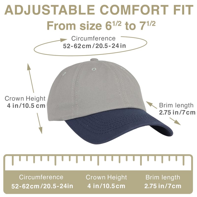 Vintage Classic Dad Hat Two Tone – 100% Cotton, Adjustable Metal Buckle Strap, Low-Profile Fit, Baseball Cap Unisex Grey Navy