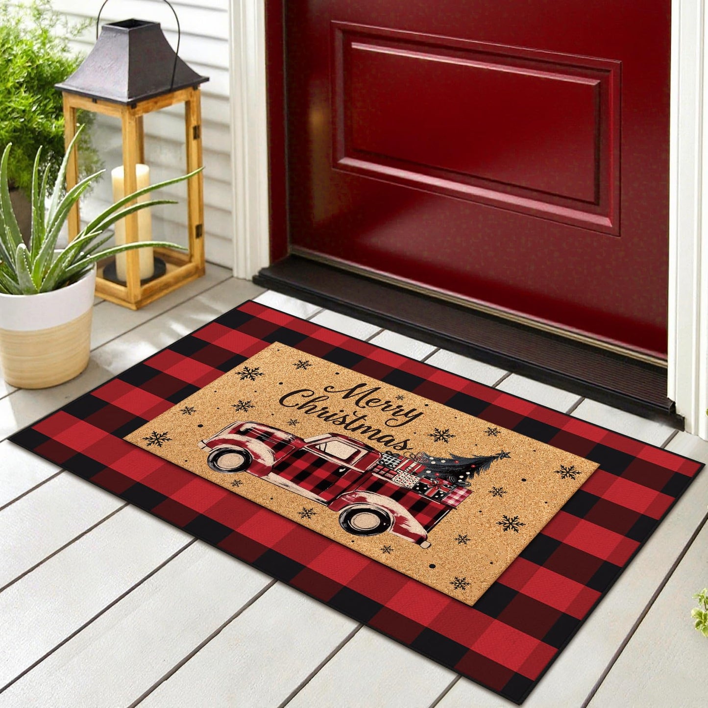 Fourluoo 2 Pcs Christmas Front Porch Rug Buffalo Plaid Christmas Door Mat Imitation Coco Coir Red Truck Xmas Welcome Layering Rug for Outdoor Winter Home Festival Holiday Decor, 28 x 43 Inch