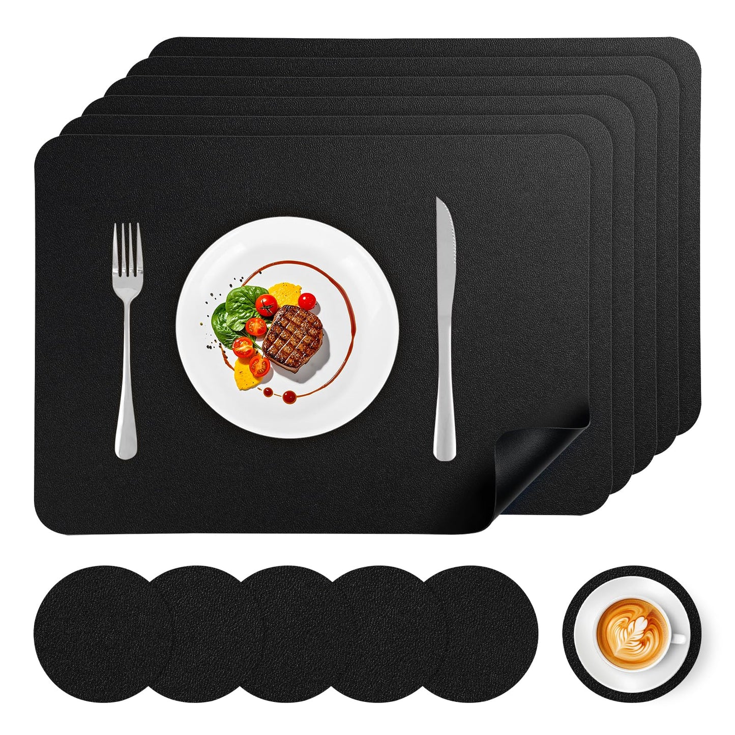 APLKER Vinyl Placemats Set of 6, Waterproof Faux Leather Heat Resistant Kitchen Place Mats, Wipeable Dining Table Place Mats and Coasters for Kitchen, Dining, Decor, Outdoor (Black)