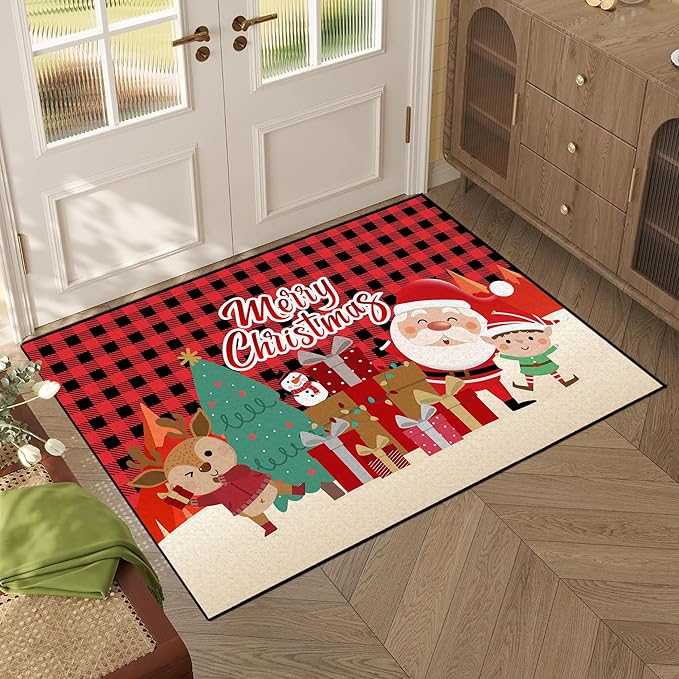 Plaid Christmas Area Rug, Snowflake Rug, Xmas New Year Gift Door Mat for Bedroom Living Room Kitchen, Merry Christmas Indoor Floor Mats for Holiday Festive Decoration,63" X 31"