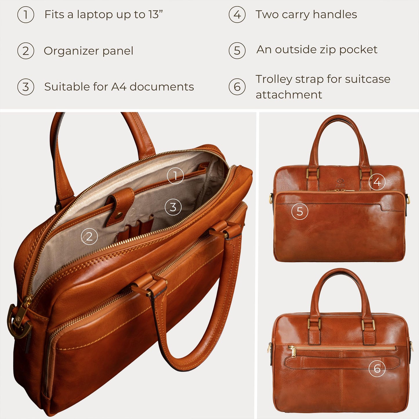 Time Resistance Leather Briefcase - Italian Handmade Leather Laptop Bag - Work Bag for Men and Women - Computer Briefcase