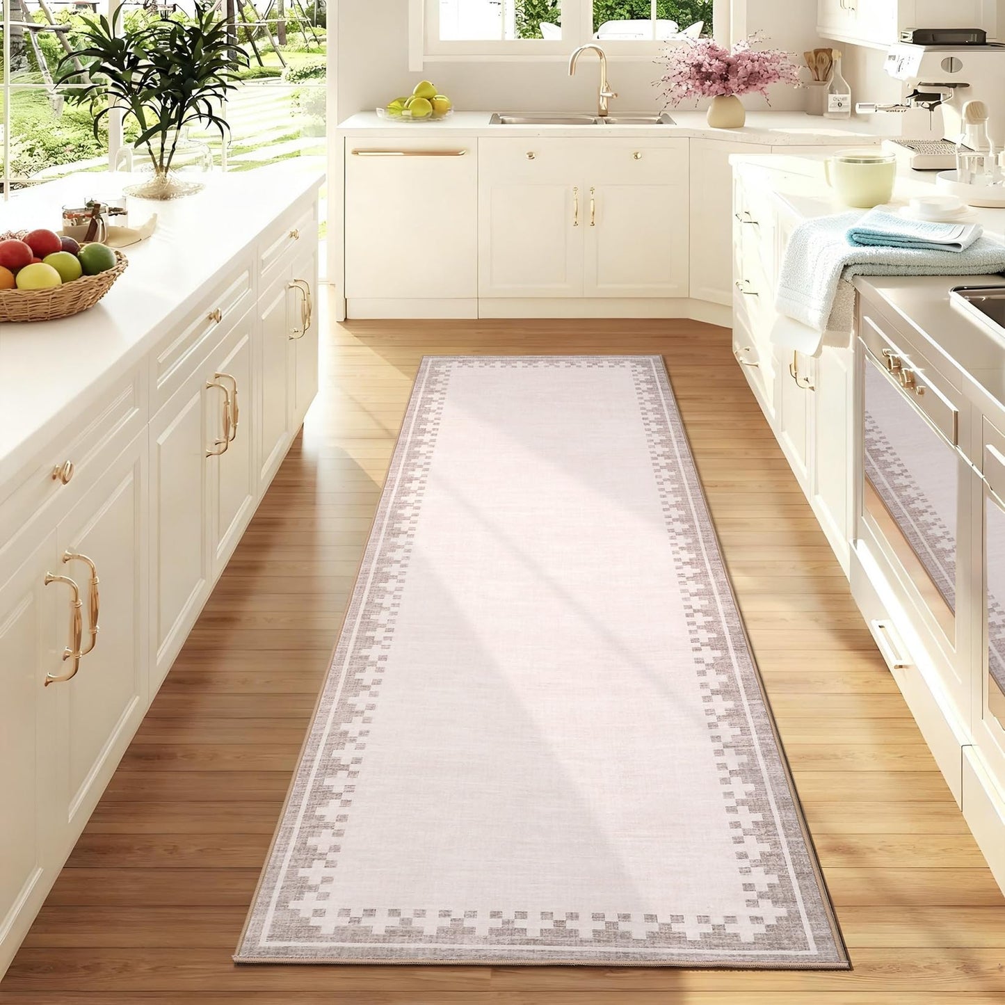 GarveeHome 2x6 Washable Entryway Hallway Runner Rug with Non Slip Back Cross Bordered Low Pile Living Room Bedroom Bathroom Carpet Modern Geometric Neutral Indoor Rugs, Light Camel/Seashell