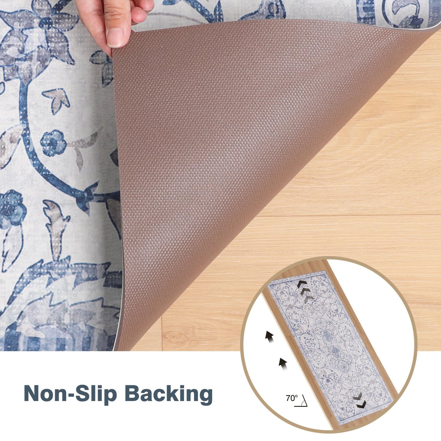 2'×6' Blue Floral Vinyl Runner Rug, Non-Slip Floor Mat for Hallway, Kitchen, Entryway, Waterproof&Stain-Resistant Vinyl Floor Mat, Easy Clean Plastic Floor Protector for High Traffic Areas, Runners