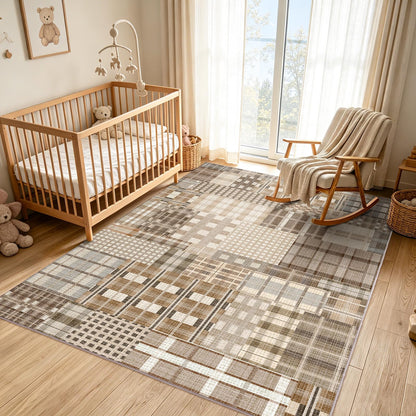 Rezutan Washable Rug 4x6 Plaid Rugs for Bedroom Non-Slip Neutral Floor Mat Indoor Soft Carpet Low Pile Foldable Thin Rugs for Living Room Dining Nursery Office, Caramel Beige Brown Gray