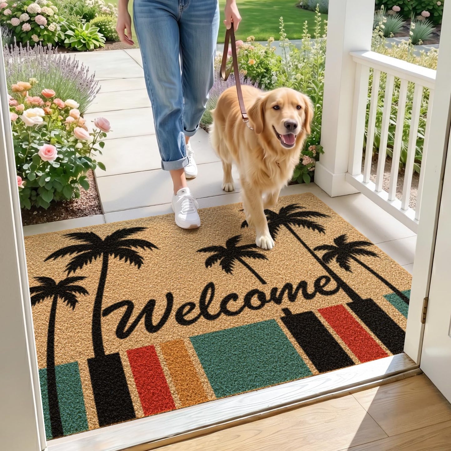 DEXI Front Door Mat Outside Entrance, 32x48 Heavy Duty Welcome Entry Summer Tropical Plant Doormat, Non Slip Entryway Floor Dirt Trapper for Porch Patio, Coconut Tree