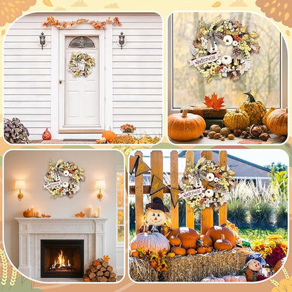 Fall Wreaths for Front Door Outside Decor, 22" Pumpkin Berry Maple Leaves Pine Cone Wreath Autumn Decorations with Bow and Hanging Sign for Thanksgiving Home Outdoor Indoor Porch Harvest