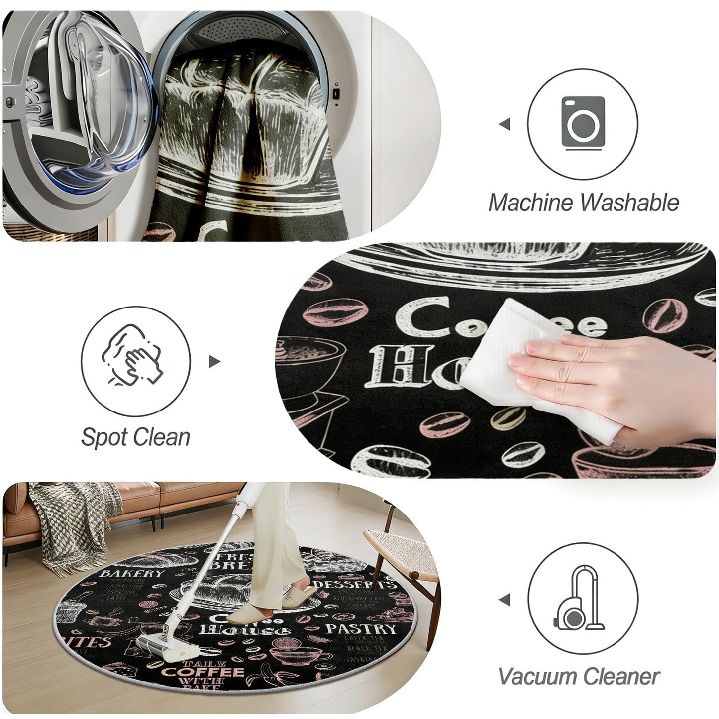 Egljss 5ft Round Rug Non Slip, Coffee Bean Bread Round Carpet for Living Room, Black and White Circle Area Rugs for Bedroom, Coffee Cup Circle Rug Washable for Dining Table Kitchen