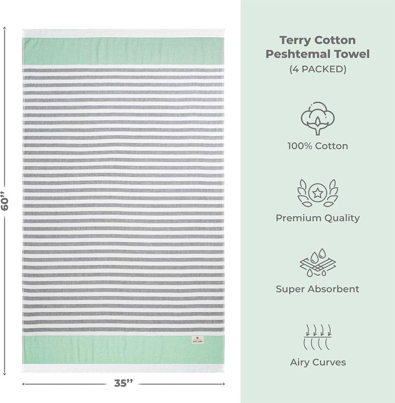 Peshtemal Beach Towels - 100% Cotton Lightweight Quick-Dry Sand-Free | 35"x60", Green
