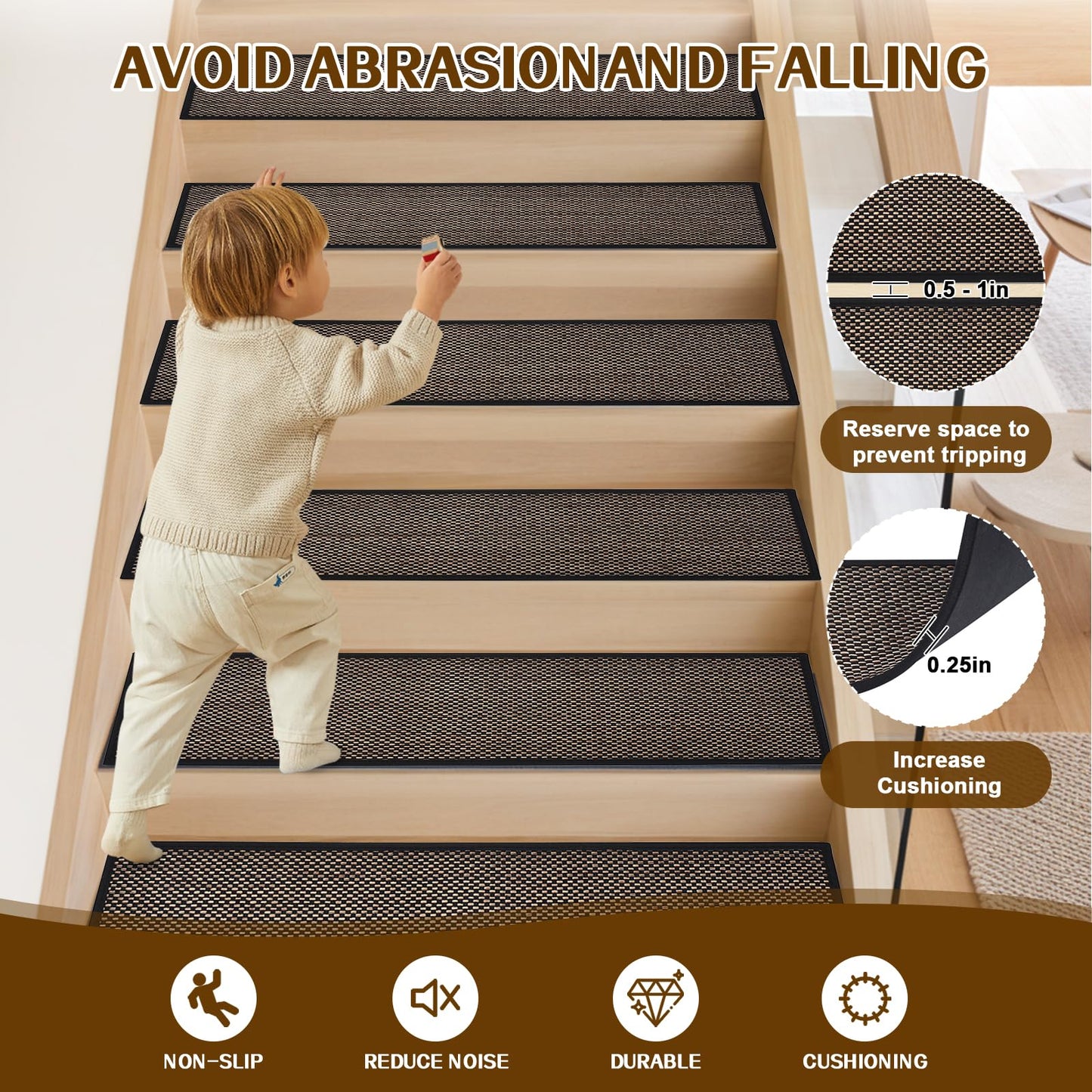 Earcu Non Slip Stair Treads for Wooden Steps, Square Rubber Backing Non Slip Stair Landing Mat, Thicken Linen Carpet Stair Runners Indoor, No Residue Stair Carpet Treads, 29"x29", Black