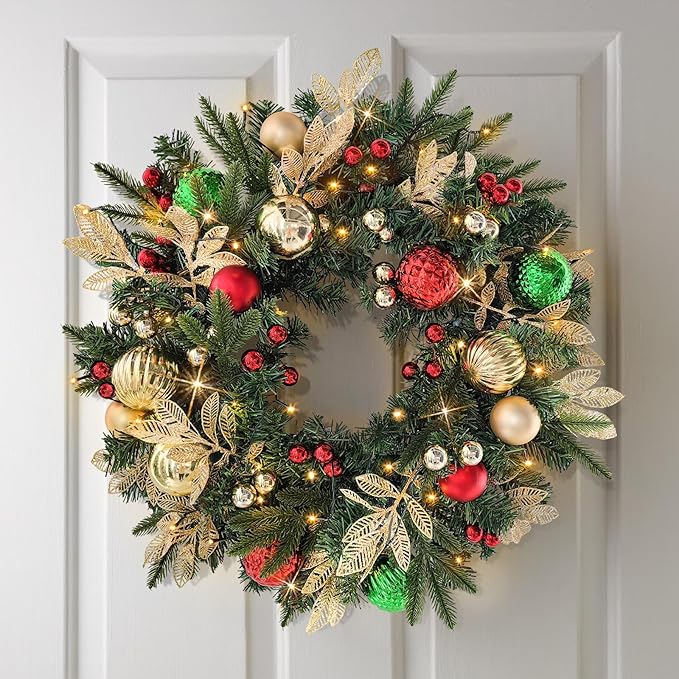Christmas Lighted Wreath for Front Door, 28 Inches Pre-Lit 35 LED Lights, Red and Green Classic Artificial Holiday Wreath for Indoor Outdoor Home Decorations