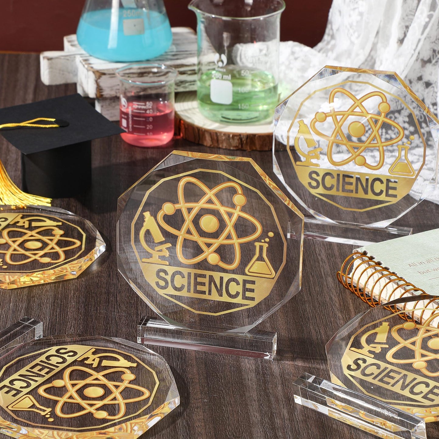 CroBlissful 3/6 Pcs Trophy Award 4.72 x 4.72 Inches Acrylic Trophy Plaques Awards for Adult Team Participation Gift Prizes(6 Pcs,Science Style)
