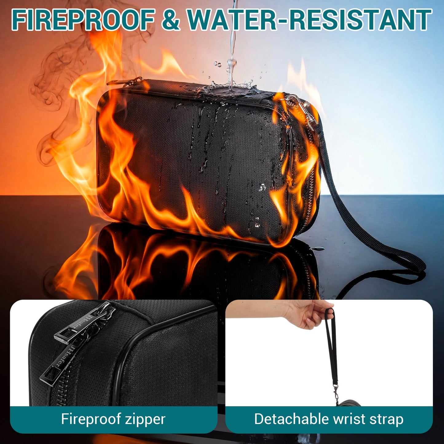 JHSafer Fireproof Electronics Organizer Travel Case, Water Resistant Tech Accessories Pouch, Explosion-proof Cord Storage Bag with Fireproof Zipper for Phone, Power Bank, Cables, USB, Black