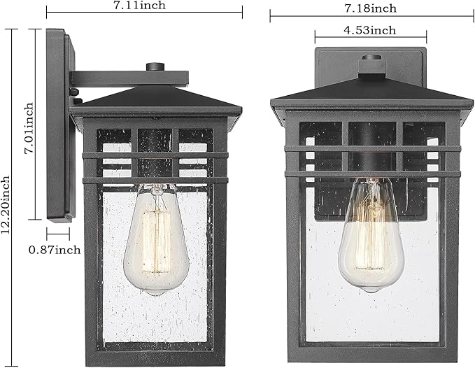 Outdoor Light Fixture Wall Mount, Modern Exterior Lights Fixture Wall Sconces with Seeded Glass for Front Porch, Farmhouse Waterproof Black Carriage Lantern Lamp Outside for Home, Garage, 2 Pack