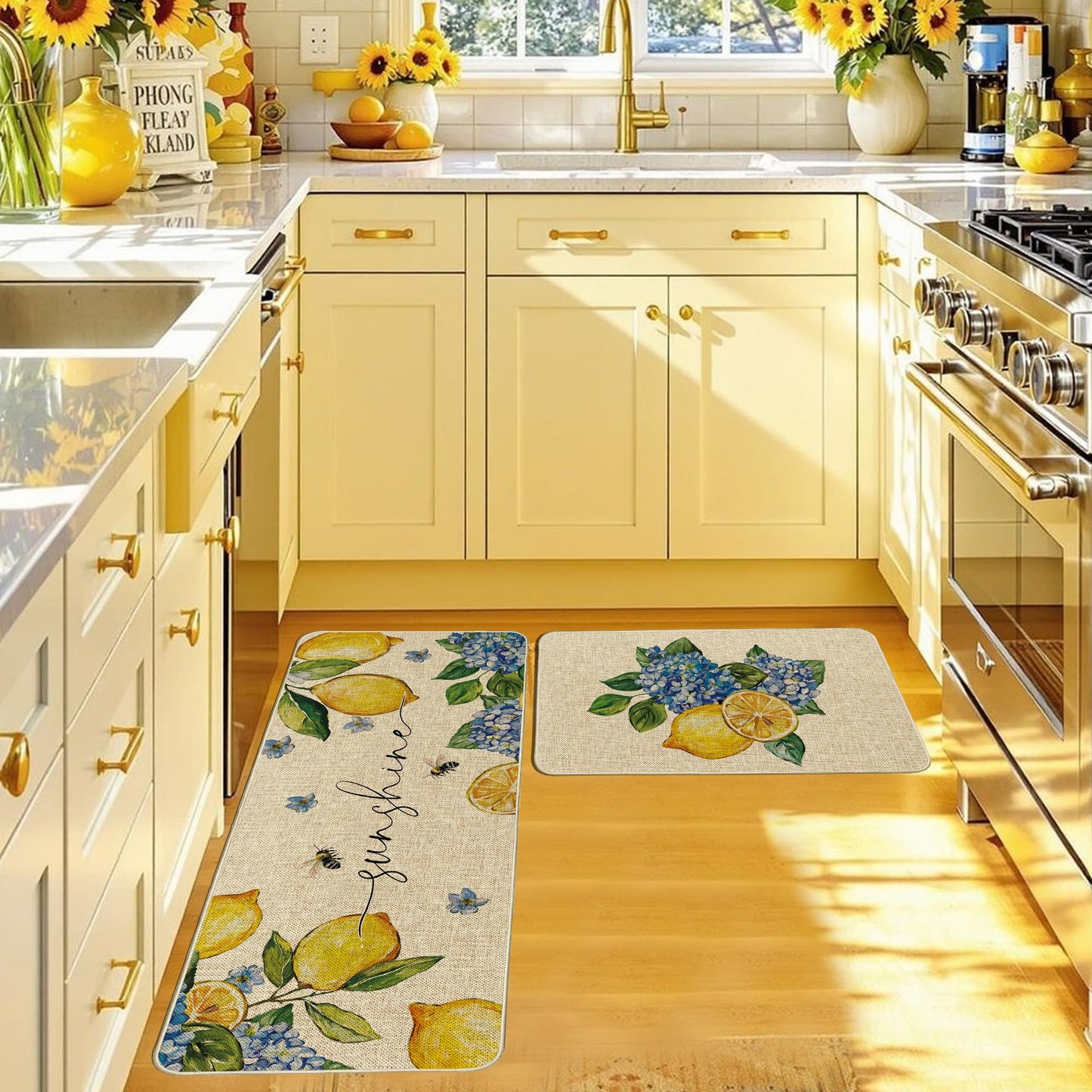 Tikeciti Summer Lemon Kitchen Mats Set of 2, Almafi Italy Blue Hydrangea Kitchen Rugs Sunshine Bee Floor Rug Non-Slip Low Profile Mat Seasonal Farmhouse Home Decor 17x29 and 17x47 Inch