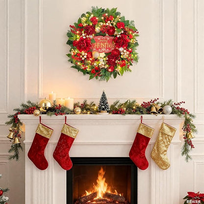 Christmas Wreaths for Front Door 24 Inch Christmas Wreath with Red Flowers, Berries, Gold Ornaments and LED Lights,Holiday Wreath for Indoor Outdoor Christmas Decorations