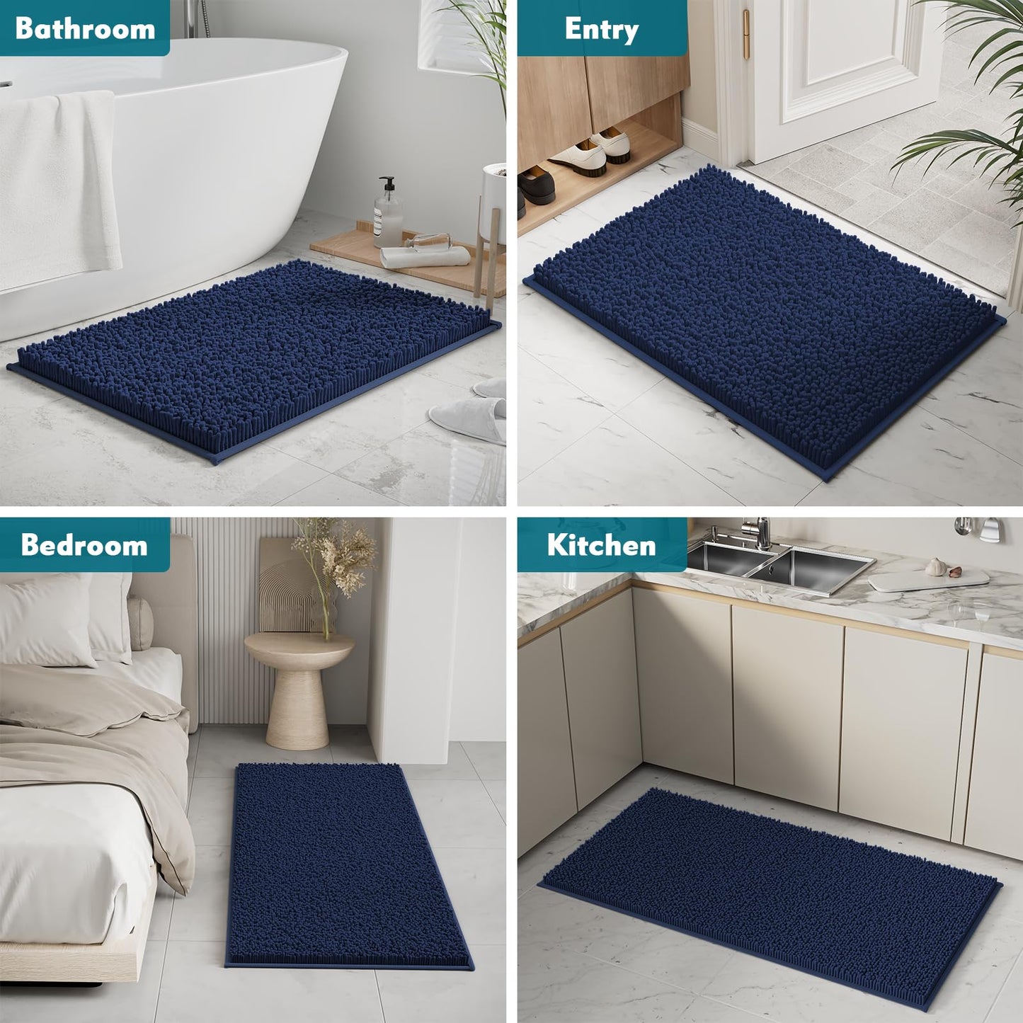 Bathroom Rugs Sets 3 Piece, Extra Soft Absorbent Chenille Bath Rugs, Non Slip Rubber Backing Machine Washable Quick Dry Bath Mats for Bathroom Floor, Tub, Shower, Home Decor Accessories, Navy Blue