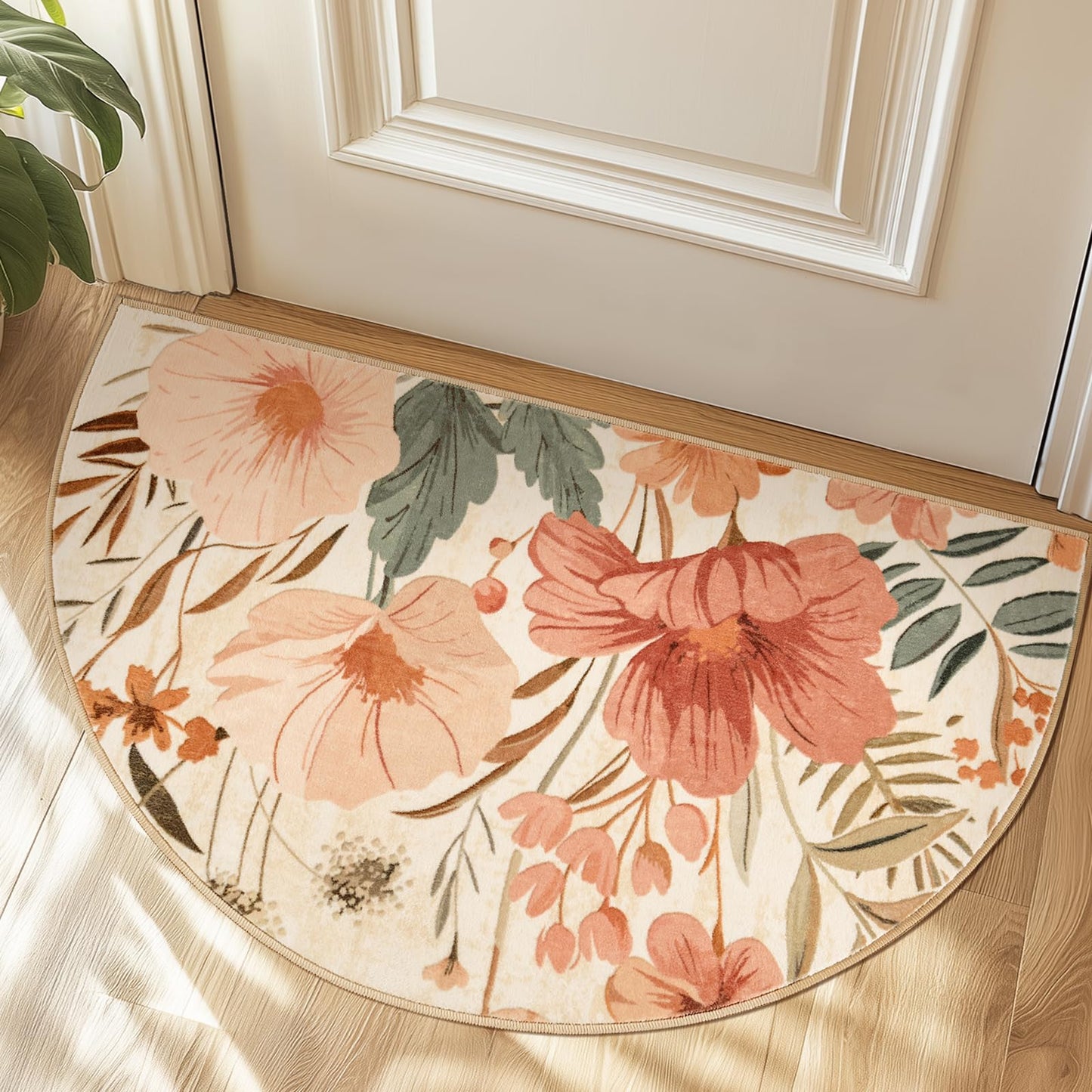 jinchan Floral Washable Small Area Rug, 2x3 Botanical Romantic Half Circle Entryway Rug, Soft Low-Pile Non-Slip Dirt Trapping Carpet for Kitchen Sink Bathroom Vanity Laundry Room, Floral Pink/Grey