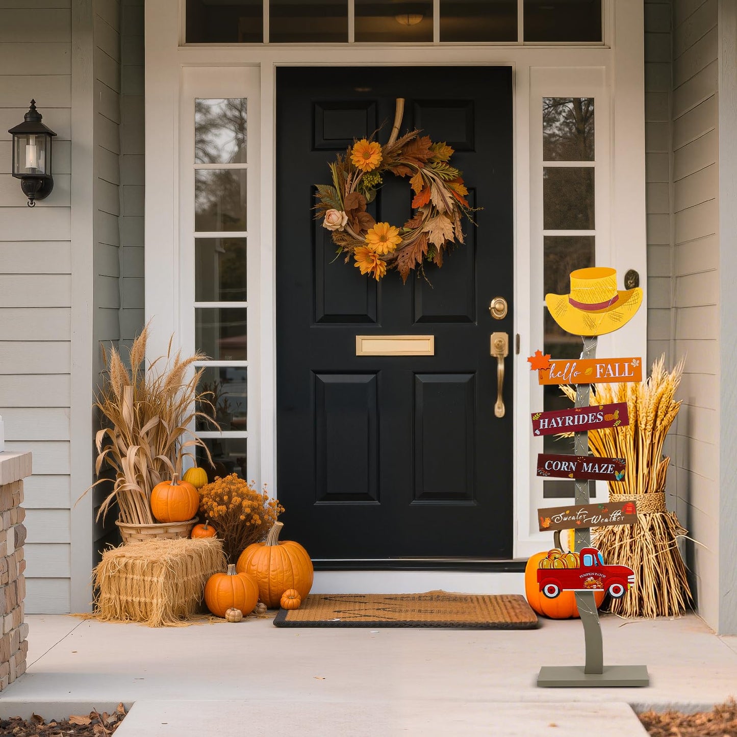 Lighted Wood Hello Fall Porch Sign,Fall Welcome Porch Decor,Autumn Maple Pumpkin Truck Sweater Weather Standing Wooden Signs for Harvest Thanksgiving Decor