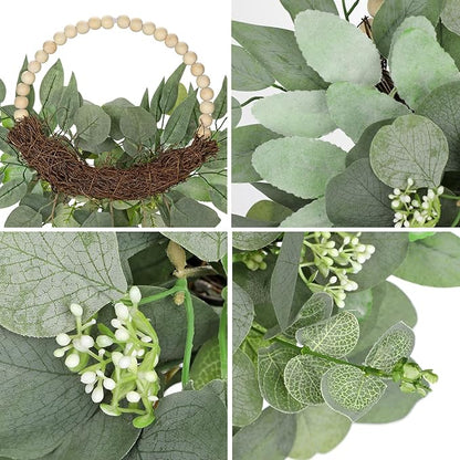 Artificial Eucalyptus Wreaths with Wood Bead for Front Door 10" Eucalyptus Leaves Wreaths Spring Summer Decoration Boho Farmhouse Wall Decor 2 Pack - Eucalyptus