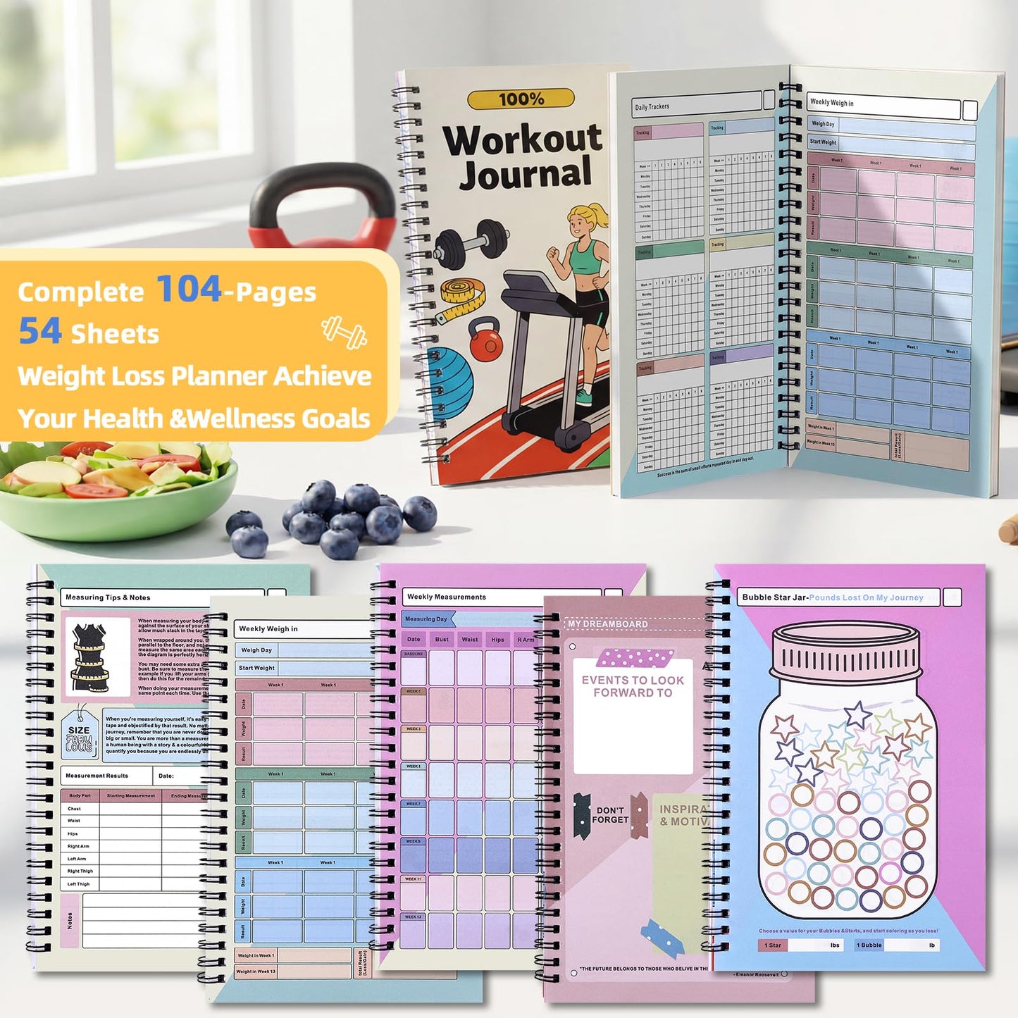 Fitness Journal - Food Journal for Women & Men Planner Log Book, Workout Journal for Track Weight Loss, Muscle Gain, Home Gym Exercise, Daily Nutrition, 5.8 x 8.2"