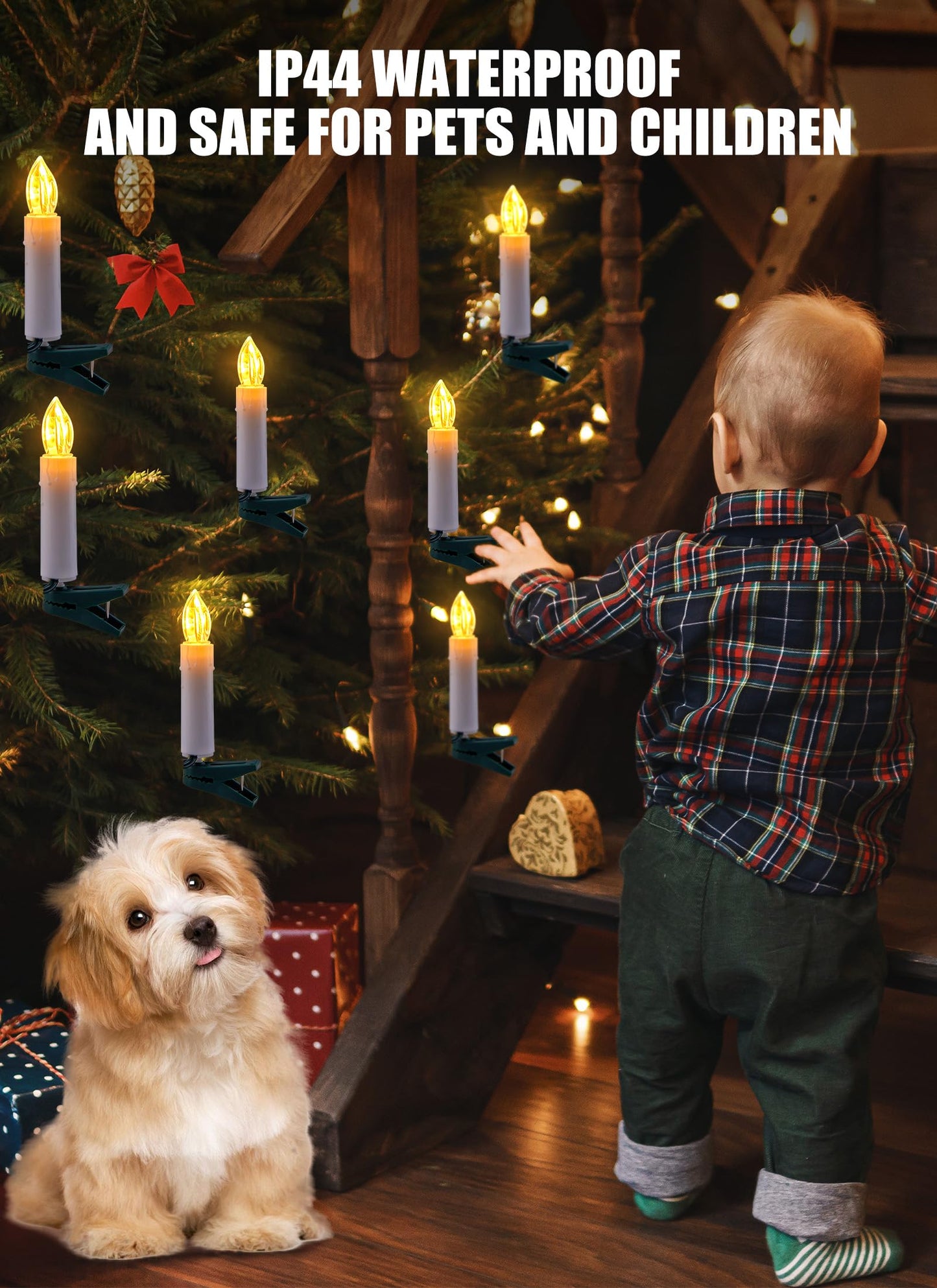 Minetom 50LED Battery Operated Christmas Tree Candles, Flameless 48FT Clip On Lights with 8 Modes, Waterproof Warm White String for Xmas Holiday Wedding Party Home Garden Decor