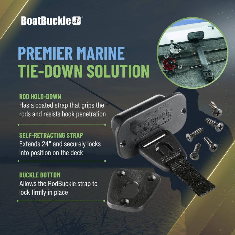 BoatBuckle F14200A 24-Inch Self-Retracting Fishing Rod Holder for Boat, Retractable Tie Down Rod Straps for Boat Deck Mount/Gunwale