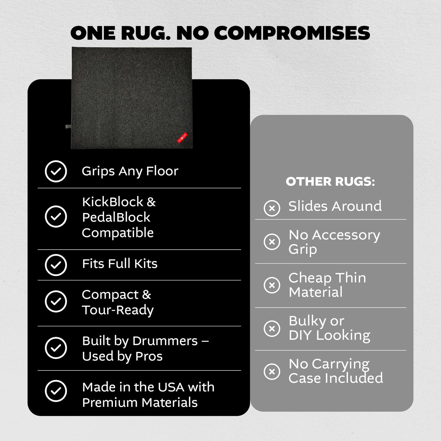 KickBlock Drum Rug 6'6" x 5'6" – Non-Slip Rubber Backing with Gig Bag Included – Drum Mat for Acoustic and Electronic Kits – Folds Compact for Travel – Drum Set Rug – Made in USA