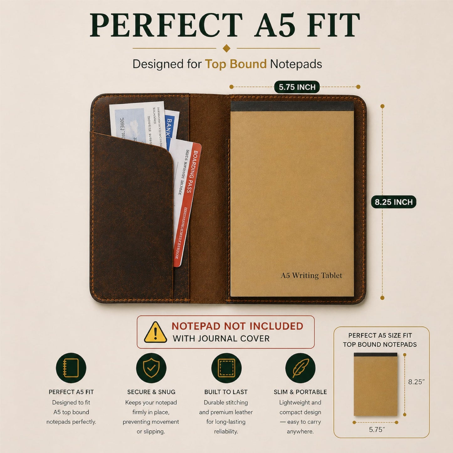 TheAntiq Leather A5 Journal Cover Top Bound – Handmade Vintage Leather Notebook Cover with Pen Holder & Card Slots – Refillable Travel Diary Organizer for Men & Women 5.7 x 8.25 (Brown)