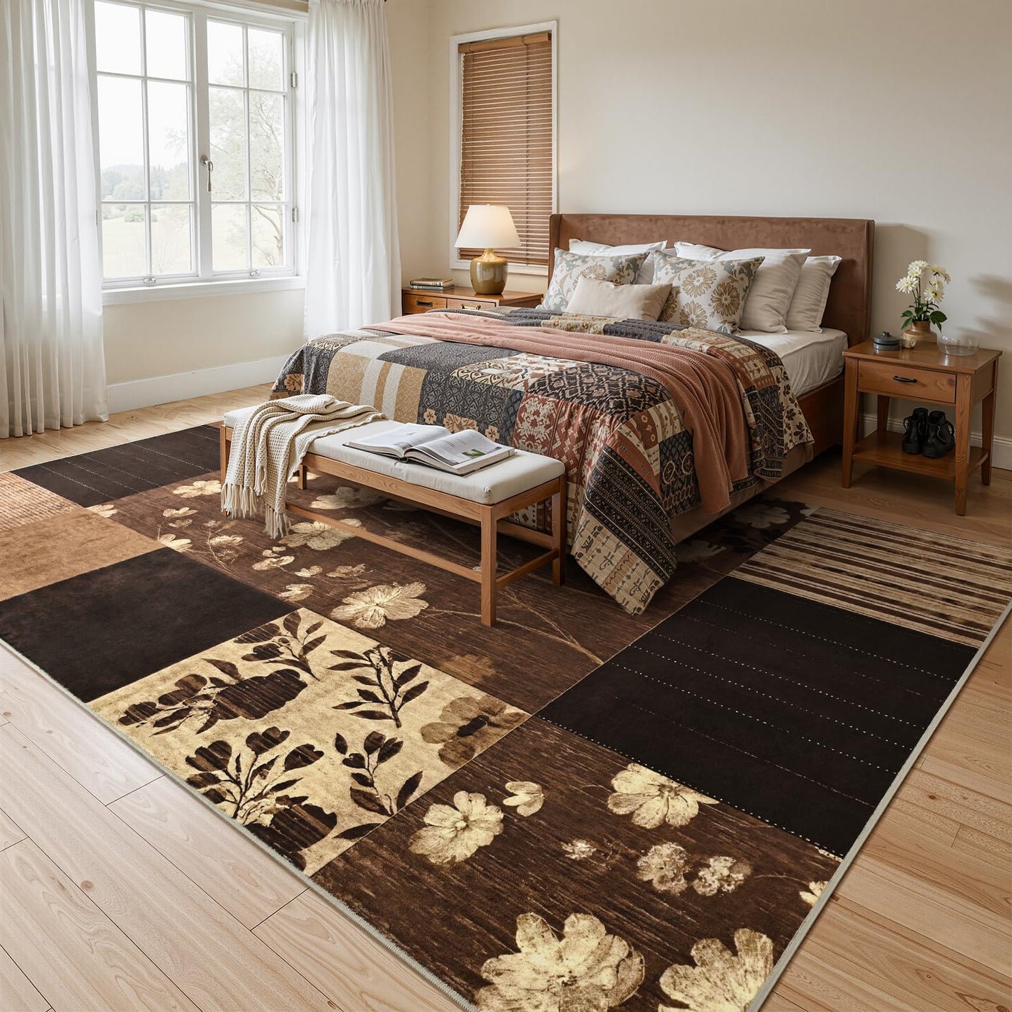 DweIke Area Rugs 4'x6' Washable Dark Brown Rug for Living Room, Non-Slip Modern Geometric Patchwork Stain Resistant Indoor Throw Carpet for Bedroom Dining Room Farmhouse Office Decor