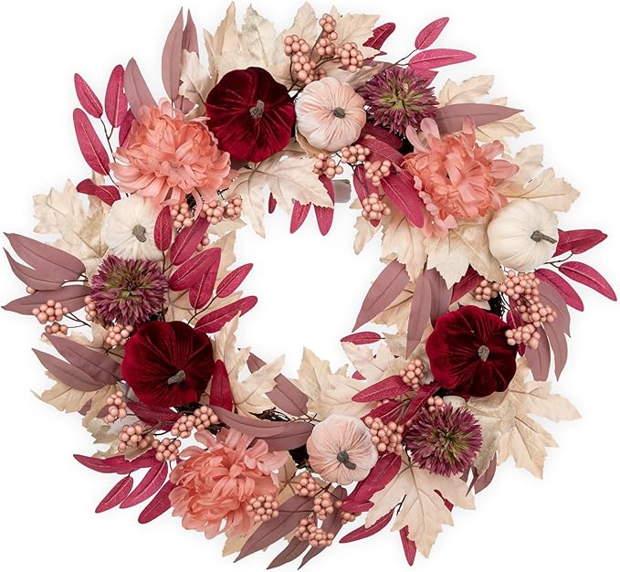 Briful 26" Artificial Fall Wreath with Velvet Pumpkins, Chrysanthemums & Pink Maple Eucalyptus Leaves – Soft Blush Autumn Wreath for Front Door, Fireplace, Wall Decor
