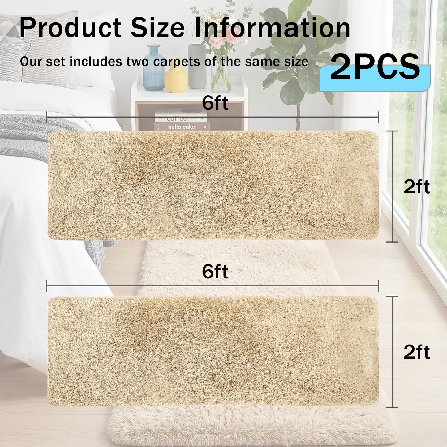 Runner Rugs for Bedroom Living Room, 2x6 Ultra Soft Plush Fluffy Bedside Rug, Long Shaggy Furry Bedroom Throw Rugs Floor Rug with High-Density Non-Slip Bottom for Dorm, Hallway, Ivory White, 2Pcs