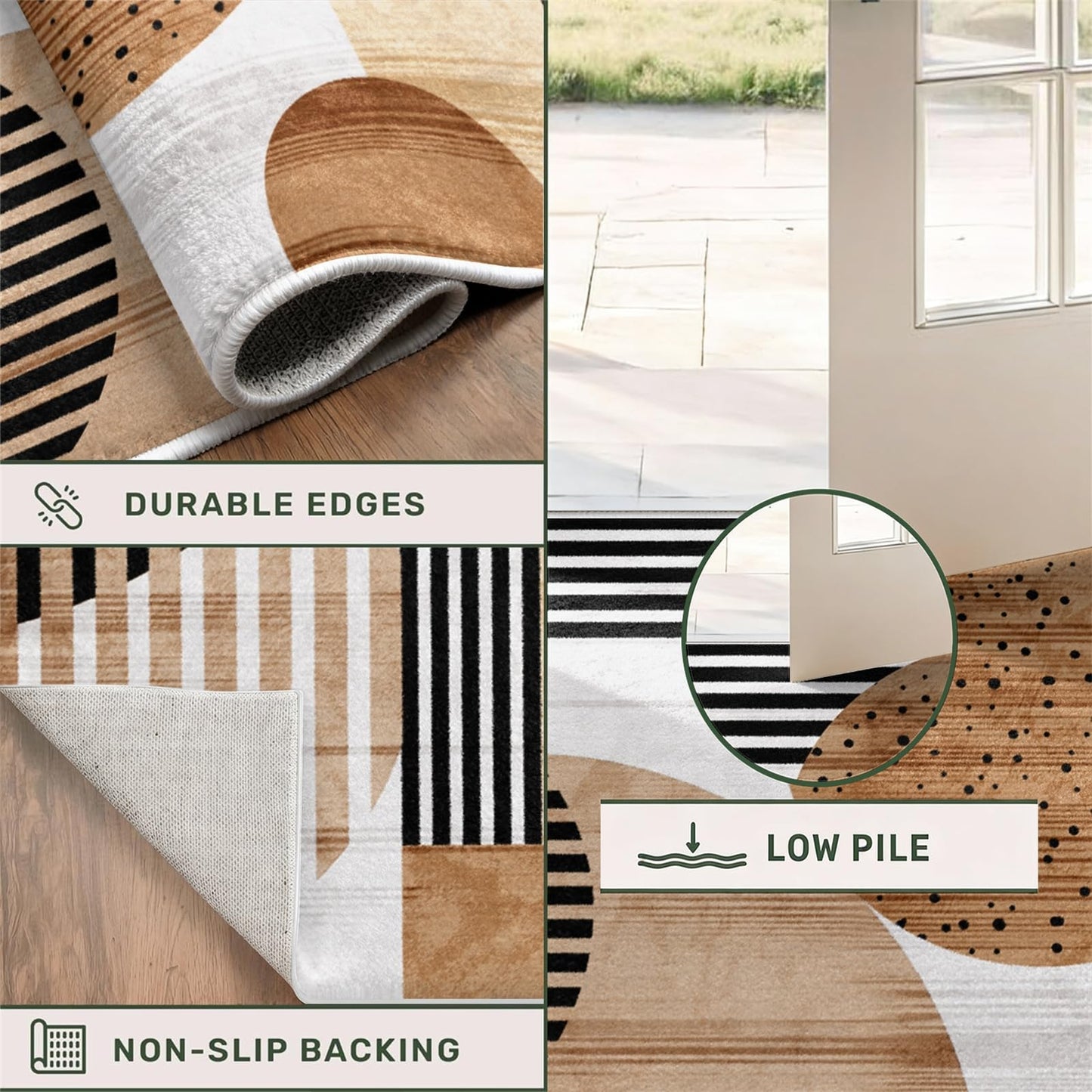 Modern Abstract Geometric Runner Rug 3.3x7ft,Mid Century Circles and Stripes Hallway Carpet, Luxury Earth Tone Long Floor Mat, Machine Washable Non-Slip Entryway Rug for Living Room, Bedroom