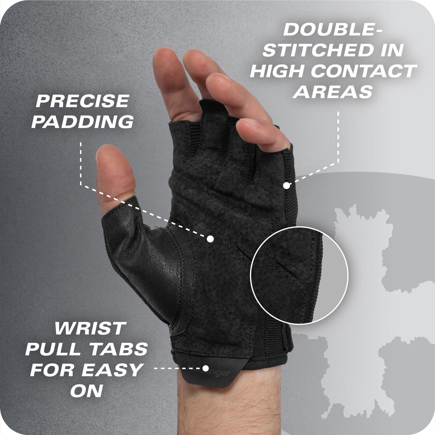 Power Gloves 3.0 - Durable Half Finger Weightlifting Gloves with Adjustable Wrist Closure, Breathable Leather Palm, Men's, Black, XX-Large
