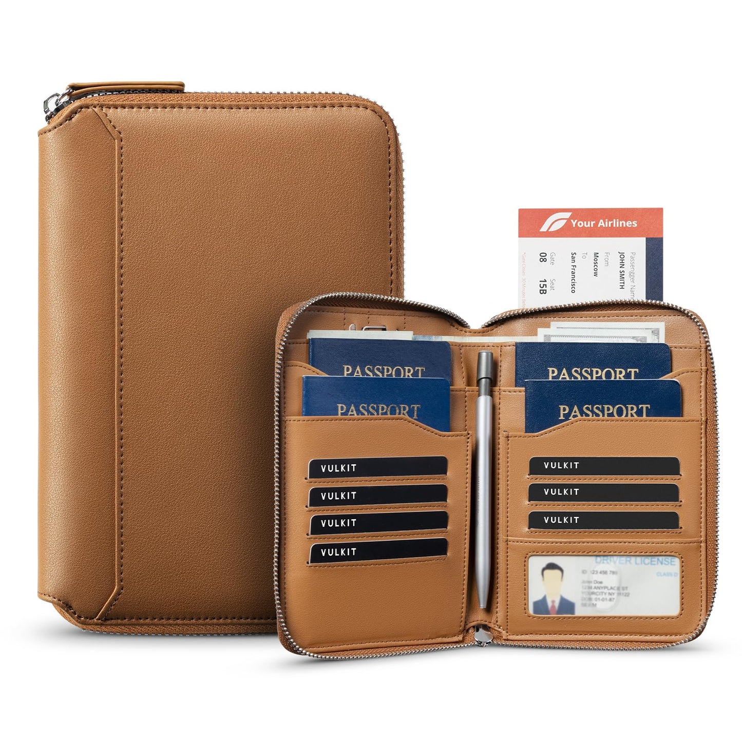 VULKIT Leather Passport Holder for 4-8 Passports Family RFID Blocking Passport Wallet with Zipper Travel Documents Organizer for Men or Women (Brown)